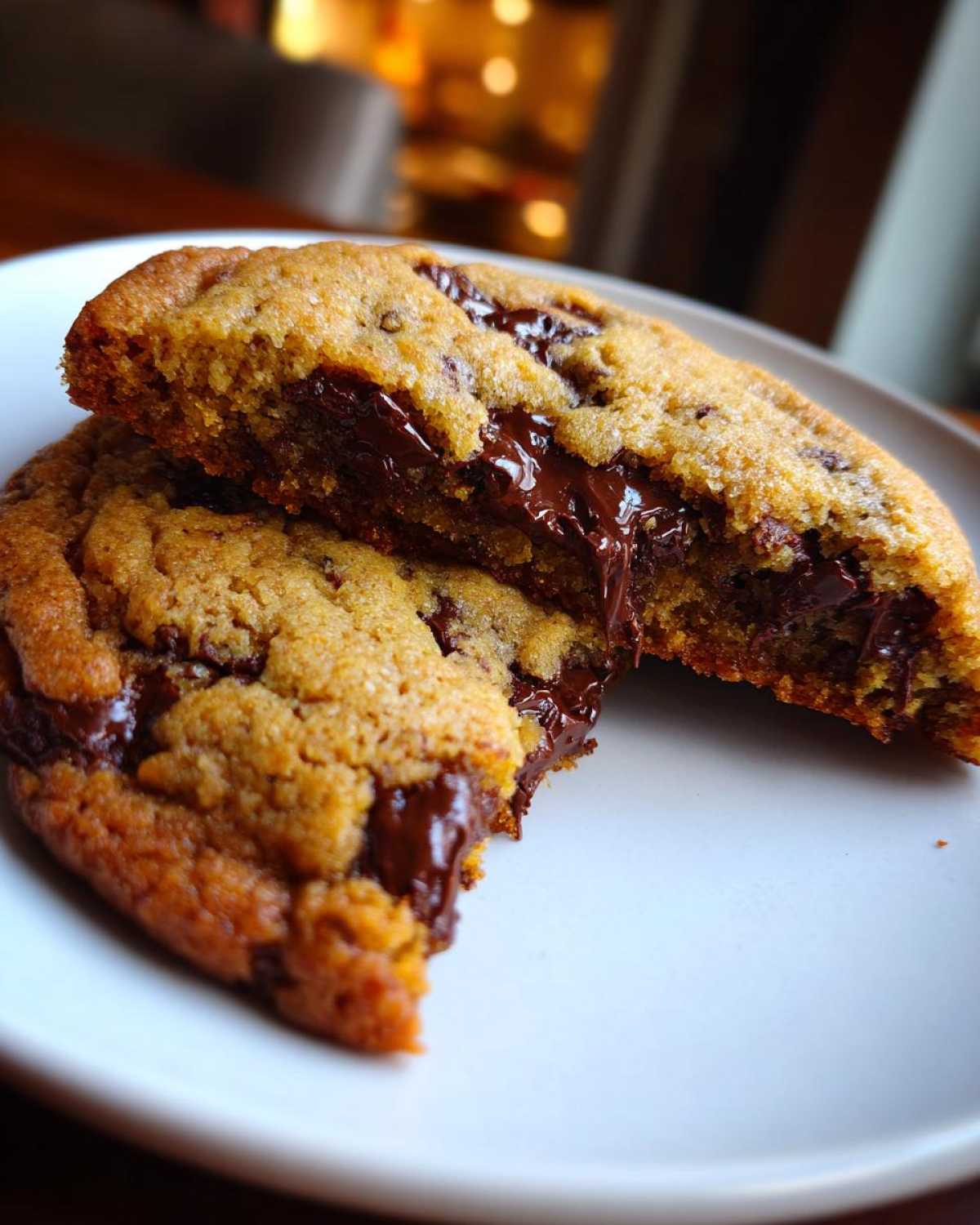 Close-up of a freshly baked chocolate chip cookie broken in half, showing melted chocolate oozing out.