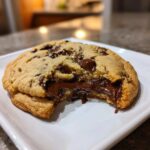 Close-up of a soft chocolate chip cookie with a bite taken out, revealing a molten, gooey chocolate center.