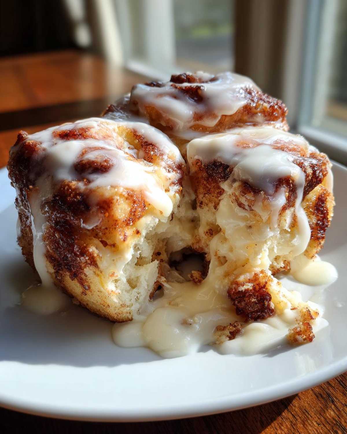 Close-up of a gooey, freshly baked cinnamon roll pulled apart, dripping with white icing.