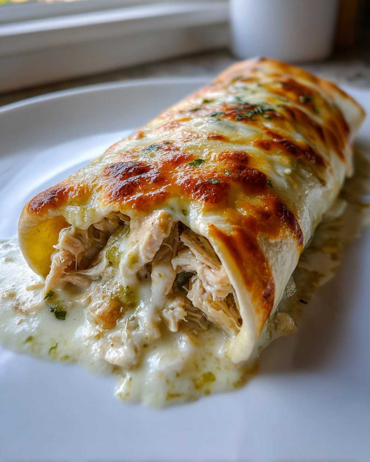 Close-up of a single, rolled green chile chicken enchiladas smothered in creamy sauce and melted, browned cheese.