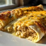 Close-up of two delicious green chile chicken enchiladas covered in melted cheese and green sauce.