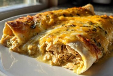 Close-up of two delicious green chile chicken enchiladas covered in melted cheese and green sauce.