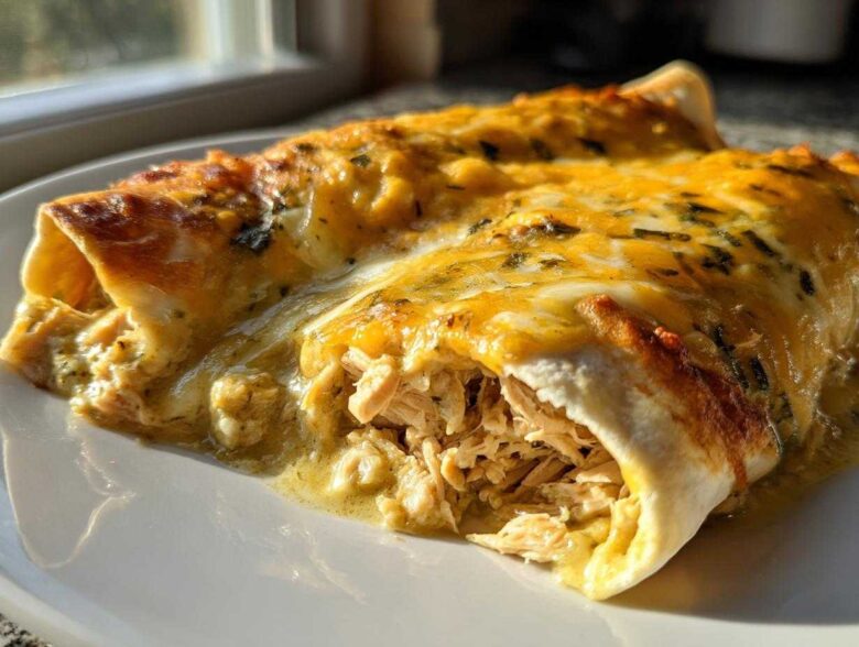 Close-up of two delicious green chile chicken enchiladas covered in melted cheese and green sauce.