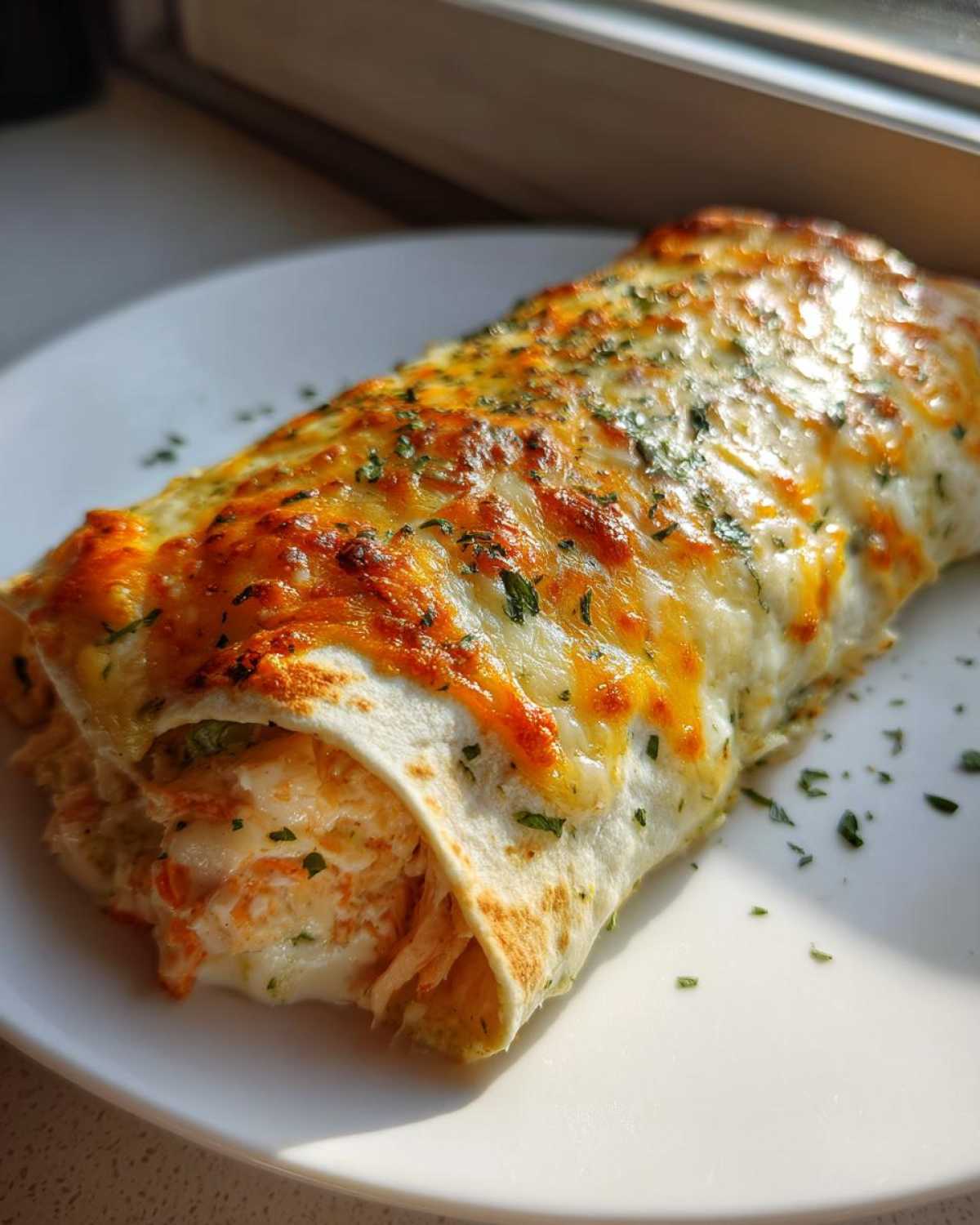 Close-up of a single green chile chicken enchilada topped with melted, browned cheese and parsley.