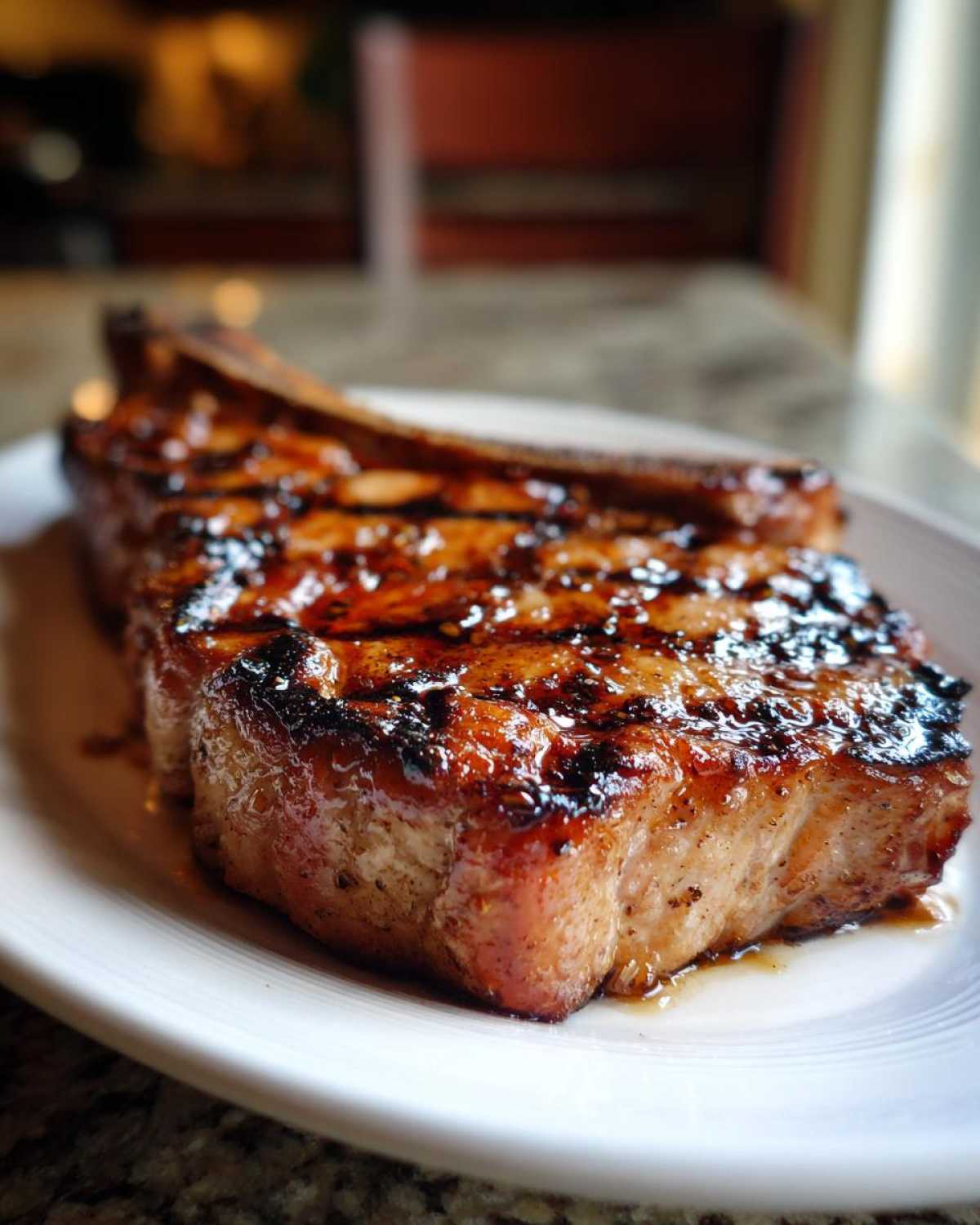 Close-up of a thick, bone-in pork chop perfectly grilled and coated in a dark, glossy marinade for pork chops.