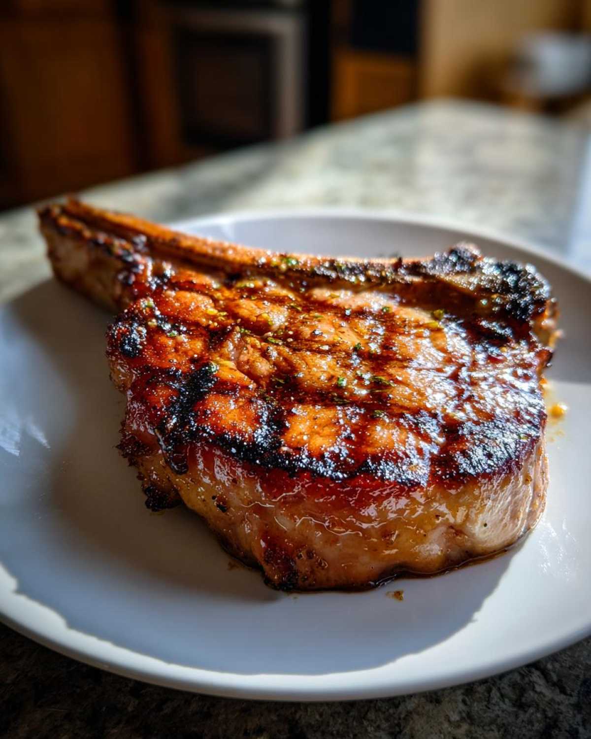 A thick, bone-in pork chop glistening with a caramelized glaze, showing grill marks, ready to eat.