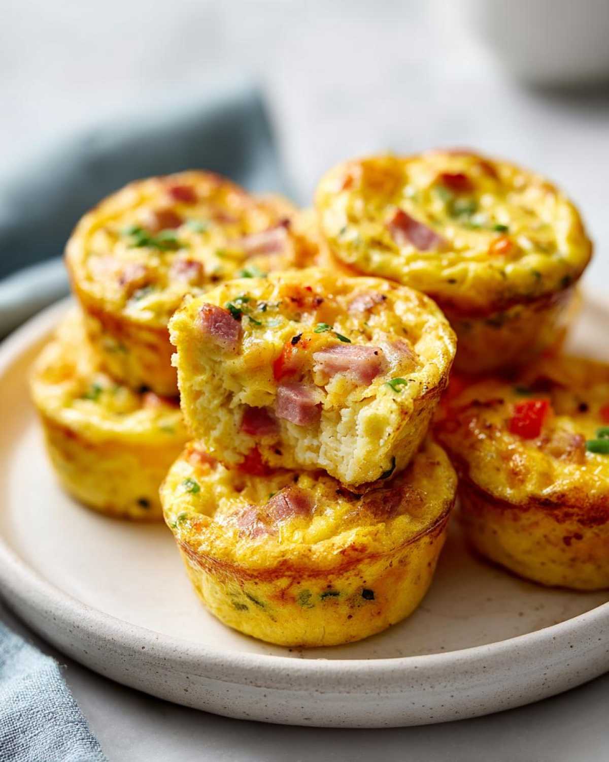 A stack of freshly baked ham and cheese Egg Muffin Cups on a light plate, one bitten into.