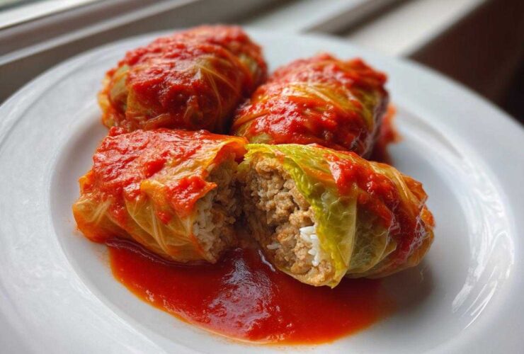 Three delicious cabbage rolls served on a white plate, one is cut open showing the ground meat and rice filling.