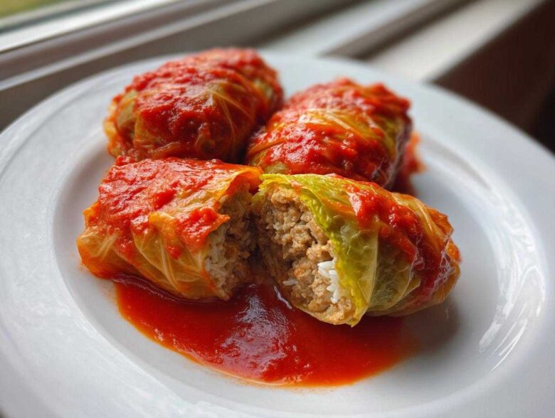 Three delicious cabbage rolls served on a white plate, one is cut open showing the ground meat and rice filling.