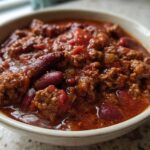 Close-up of a hearty bowl of rich, red crockpot chili featuring ground meat and kidney beans.