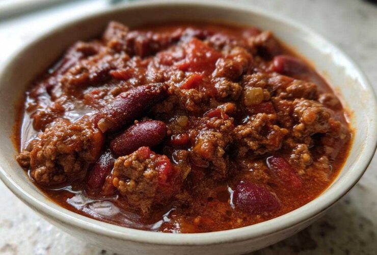 Close-up of a hearty bowl of rich, red crockpot chili featuring ground meat and kidney beans.
