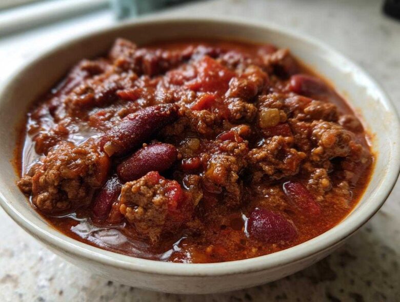 Close-up of a hearty bowl of rich, red crockpot chili featuring ground meat and kidney beans.
