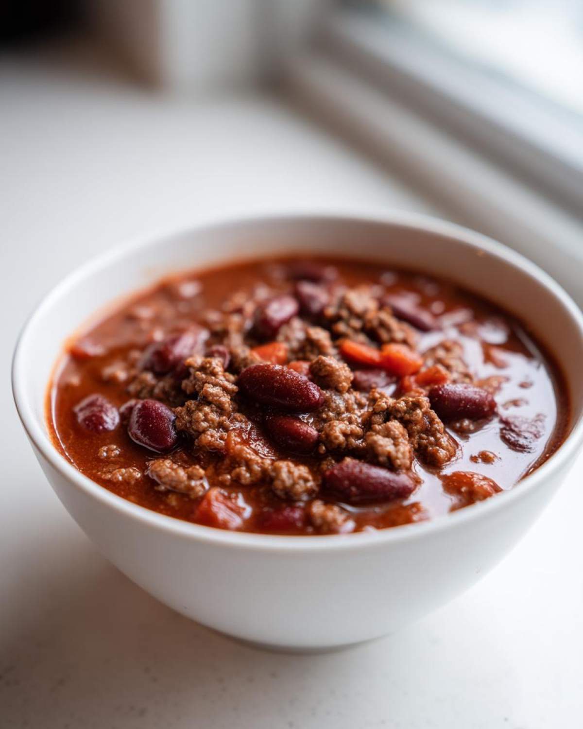 Close-up of a white bowl filled with rich, homemade crockpot chili featuring ground beef and kidney beans.