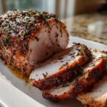 A beautifully roasted and sliced pork loin roast, crusted with herbs and spices, resting on a white platter.