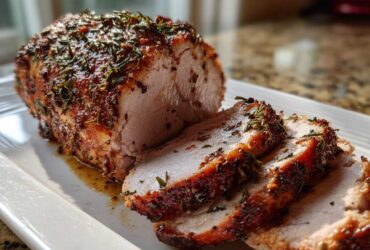 A beautifully roasted and sliced pork loin roast, crusted with herbs and spices, resting on a white platter.
