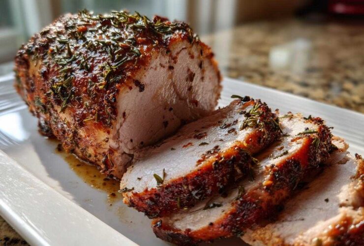 A beautifully roasted and sliced pork loin roast, crusted with herbs and spices, resting on a white platter.