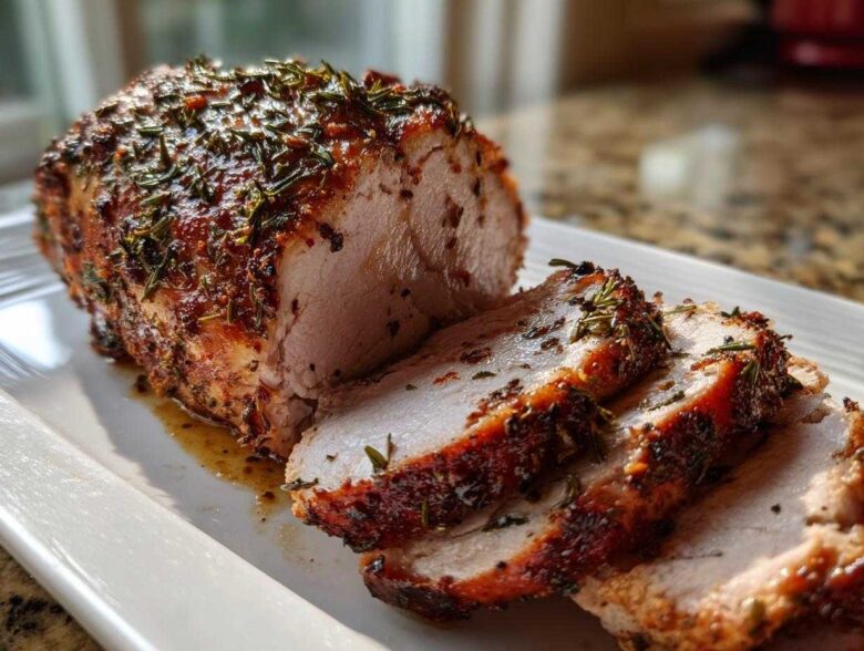A beautifully roasted and sliced pork loin roast, crusted with herbs and spices, resting on a white platter.