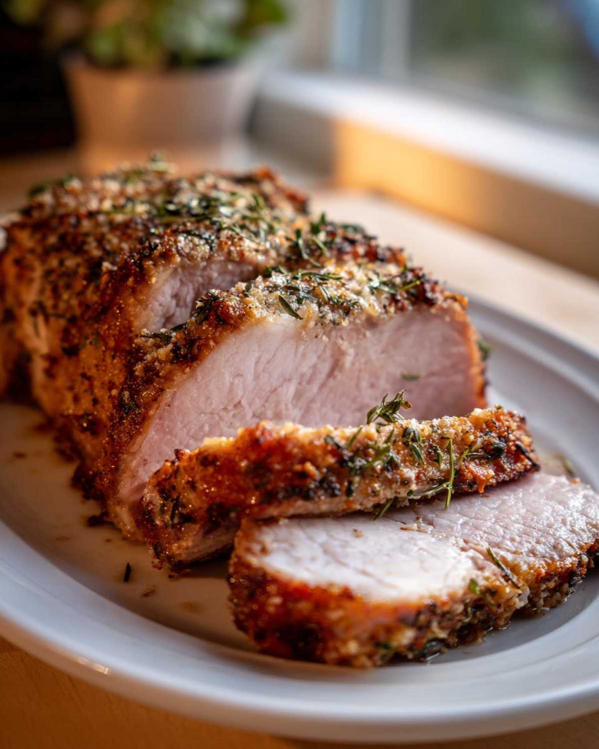 A beautifully cooked and sliced pork loin roast with a golden, herb-crusted exterior, showing juicy pink meat inside.
