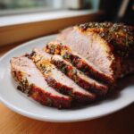 Close-up of a juicy, herb-crusted pork loin roast, sliced and served on a white platter.