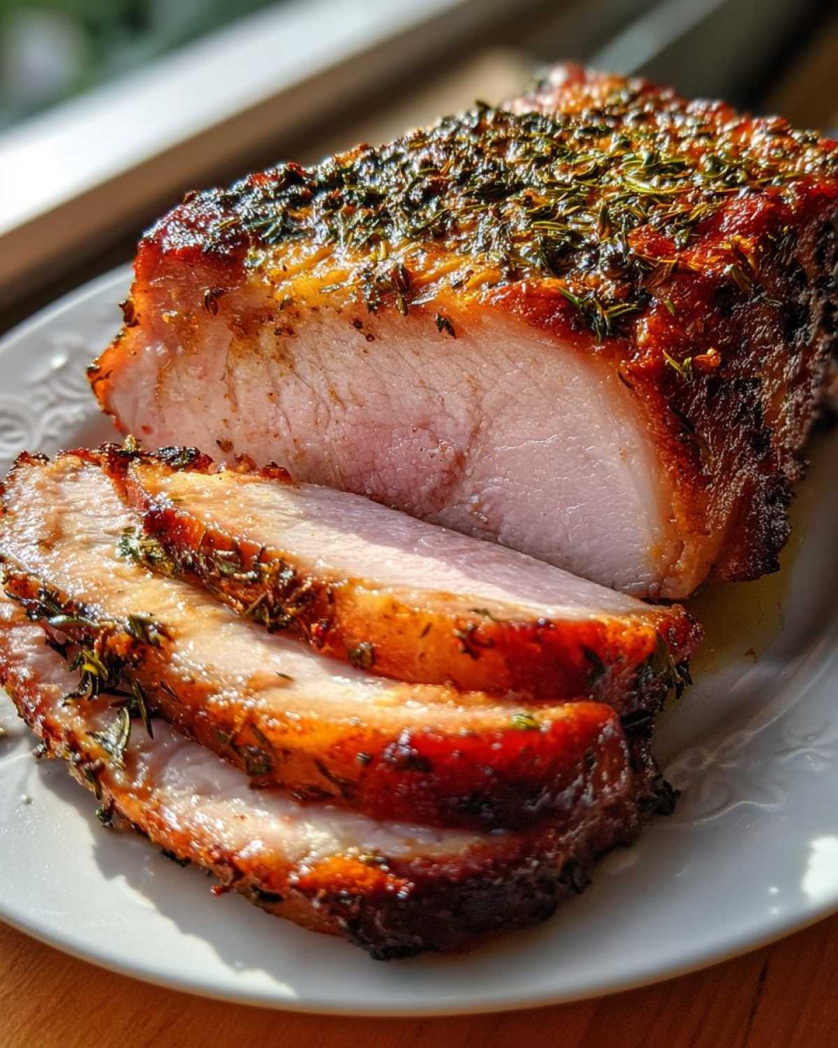 Close-up of a perfectly cooked pork loin roast, sliced to show juicy interior and herb crust.