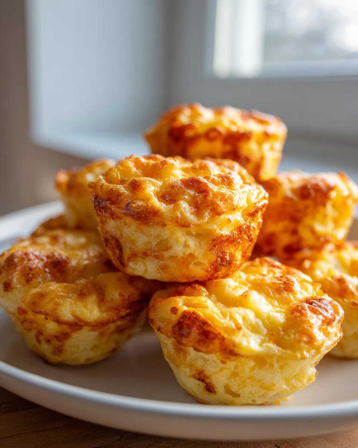 A stack of freshly baked, golden brown, high-protein egg bites piled on a white plate.