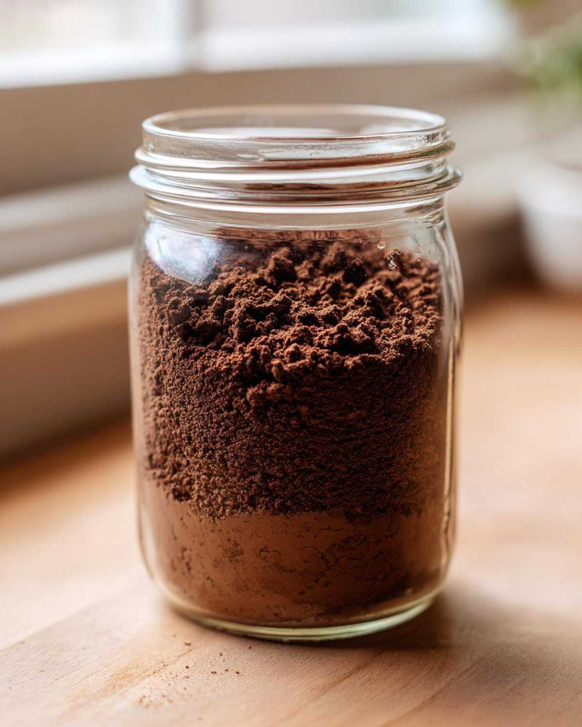 A clear glass jar filled with rich, dark brown homemade hot cocoa mix resting on a wooden surface.