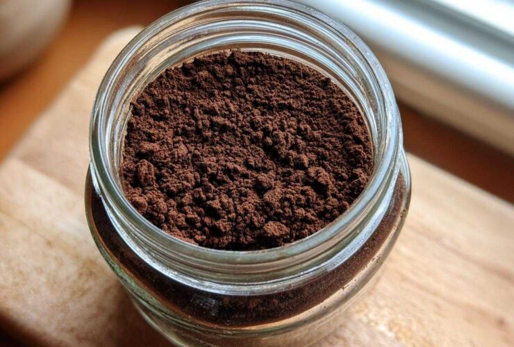 Close-up overhead view of rich, dark brown homemade hot cocoa mix powder stored in a clear glass jar.