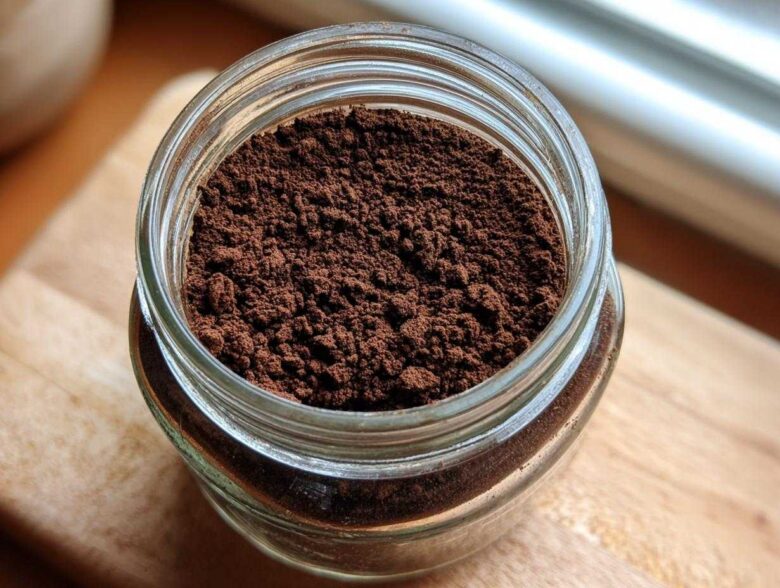 Close-up overhead view of rich, dark brown homemade hot cocoa mix powder stored in a clear glass jar.