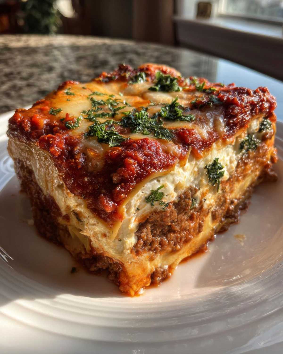 A thick, layered slice of homemade lasagna with meat sauce and ricotta cheese, garnished with parsley.