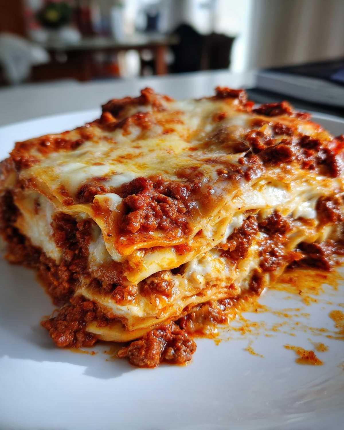 Close-up of a delicious, layered slice of homemade lasagna topped with melted cheese and rich meat sauce.