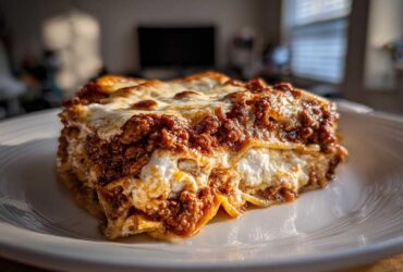 Close-up of a perfectly layered slice of homemade lasagna with rich meat sauce and melted cheese.
