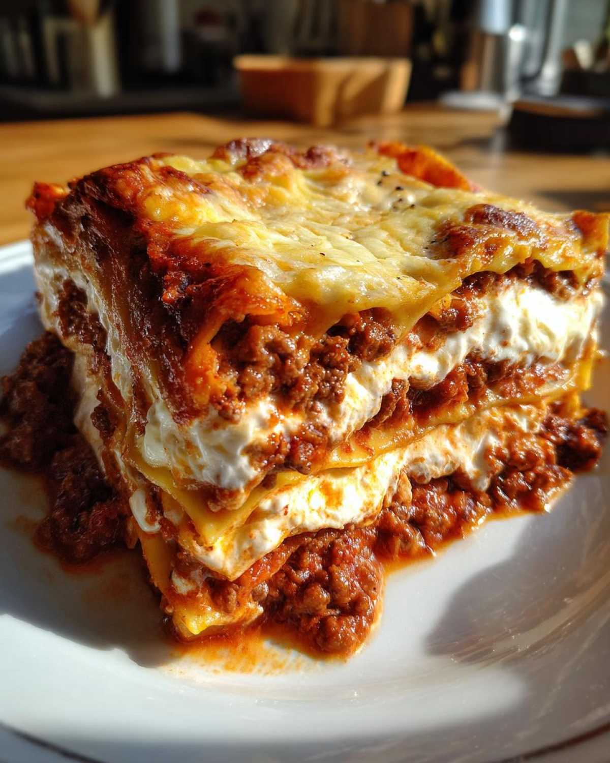 A rich, layered slice of homemade lasagna featuring meat sauce and creamy ricotta, topped with baked, bubbly cheese.