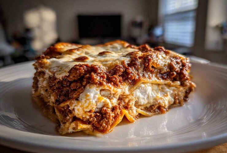Close-up of a perfectly layered slice of homemade lasagna with rich meat sauce and melted cheese.