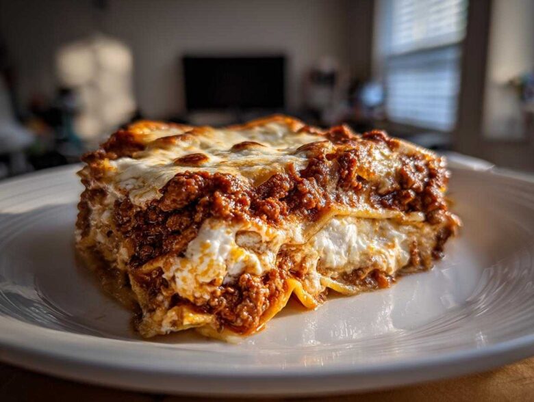 Close-up of a perfectly layered slice of homemade lasagna with rich meat sauce and melted cheese.