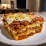 A perfectly layered, thick slice of homemade lasagna featuring rich meat sauce and melted cheese topping.