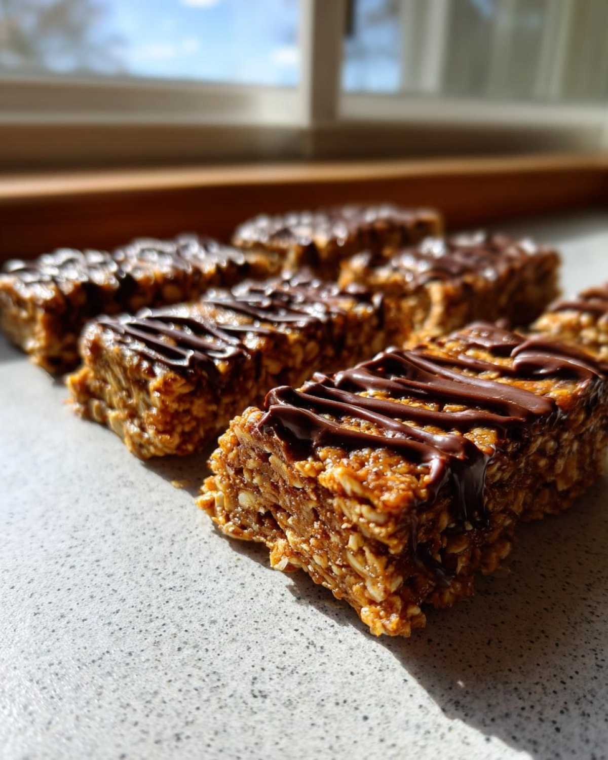 Close-up of homemade protein bars made with oats and drizzled with dark chocolate.