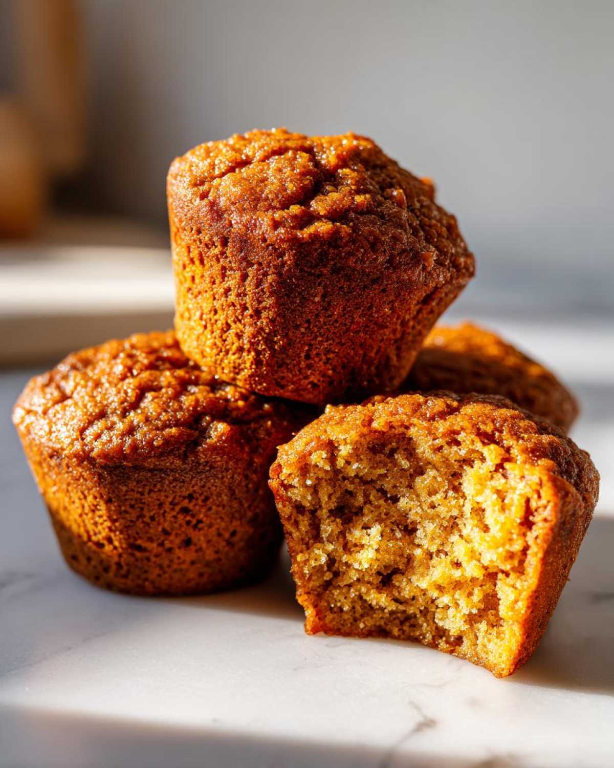 Close-up of several golden brown honey bran muffins, one cut open showing the moist, textured interior.