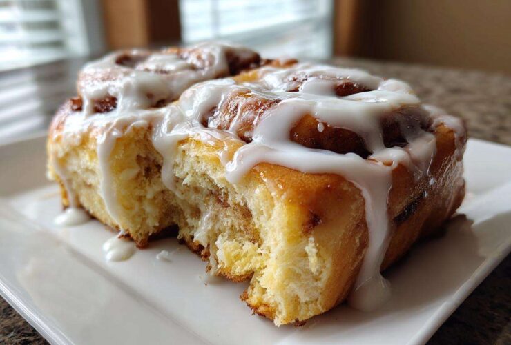 A close-up shot of a fluffy, golden brown cinnamon roll generously drizzled with white icing, with a bite taken out.