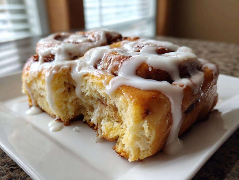 A close-up shot of a fluffy, golden brown cinnamon roll generously drizzled with white icing, with a bite taken out.
