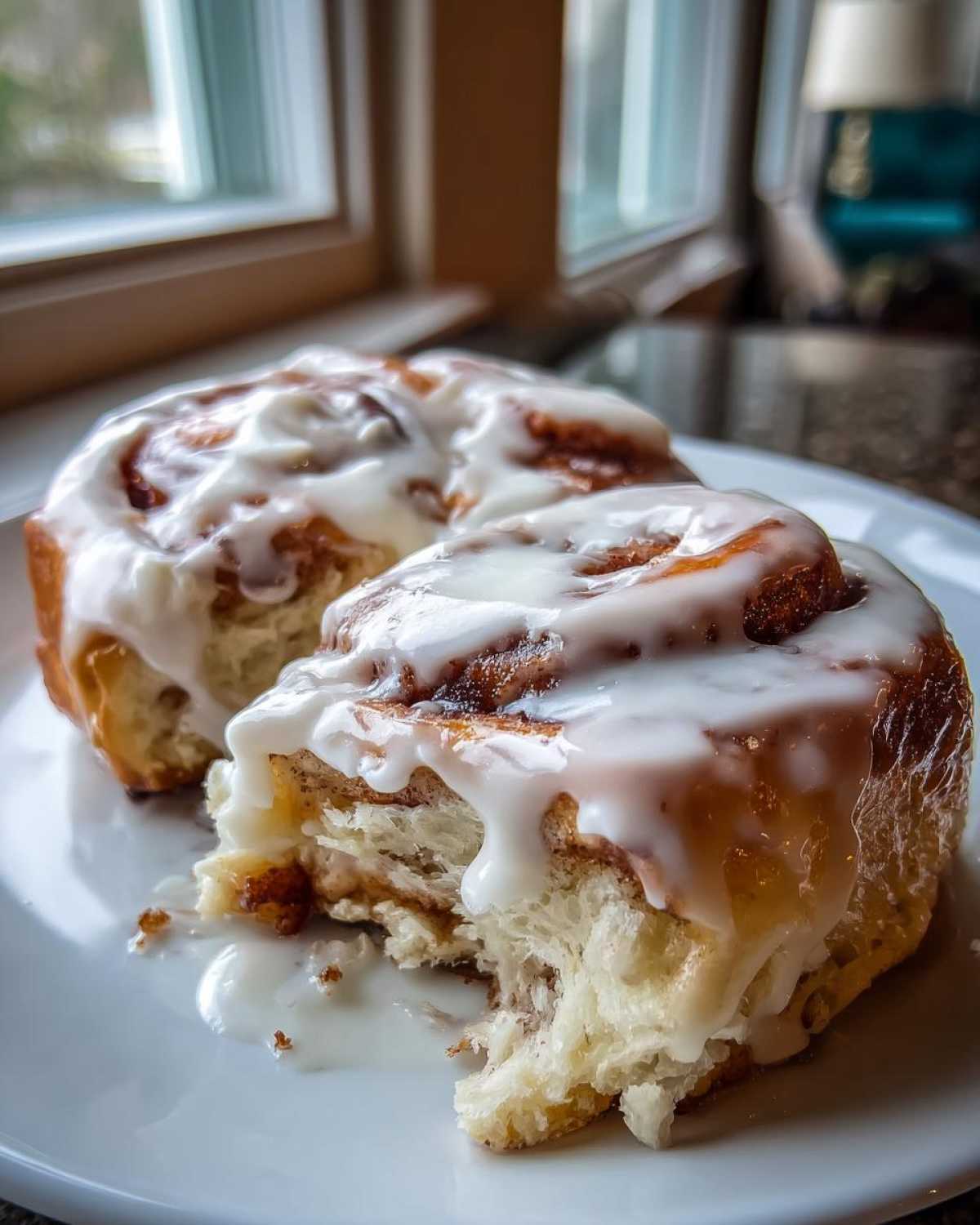 Two decadent, freshly baked cinnamon rolls covered in thick white icing, one pulled apart to show the fluffy interior.