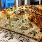Cross-section showing the airy crumb structure of Italian herb and cheese bread topped with melted cheese and green herbs.