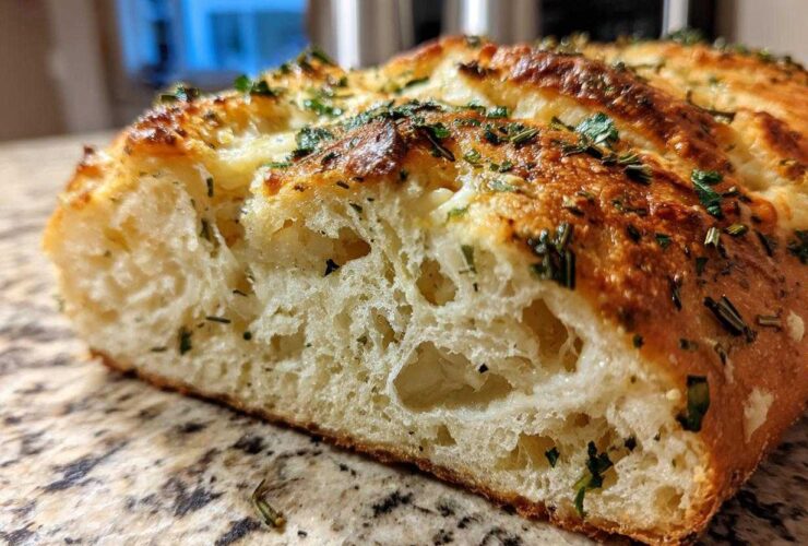 Cross-section showing the airy crumb structure of Italian herb and cheese bread topped with melted cheese and green herbs.