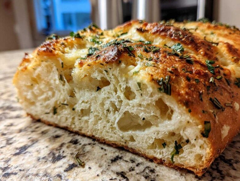 Cross-section showing the airy crumb structure of Italian herb and cheese bread topped with melted cheese and green herbs.