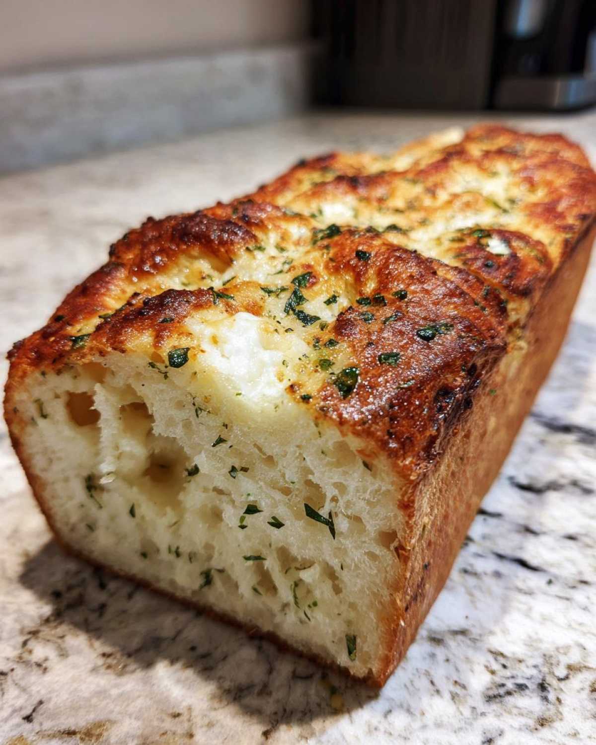 A golden-brown loaf of Italian herb and cheese bread showing a soft interior and cheesy, herbed crust.