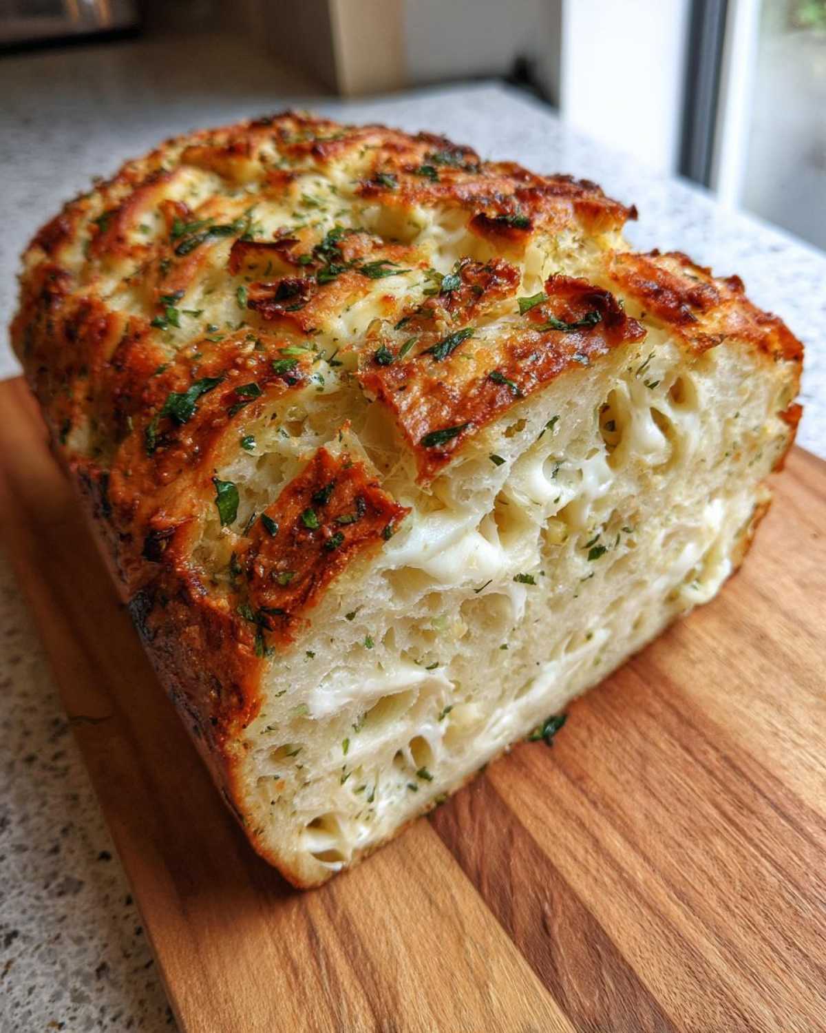 Cross-section view of a baked Italian herb and cheese bread loaf showing melted cheese pockets and a golden crust.