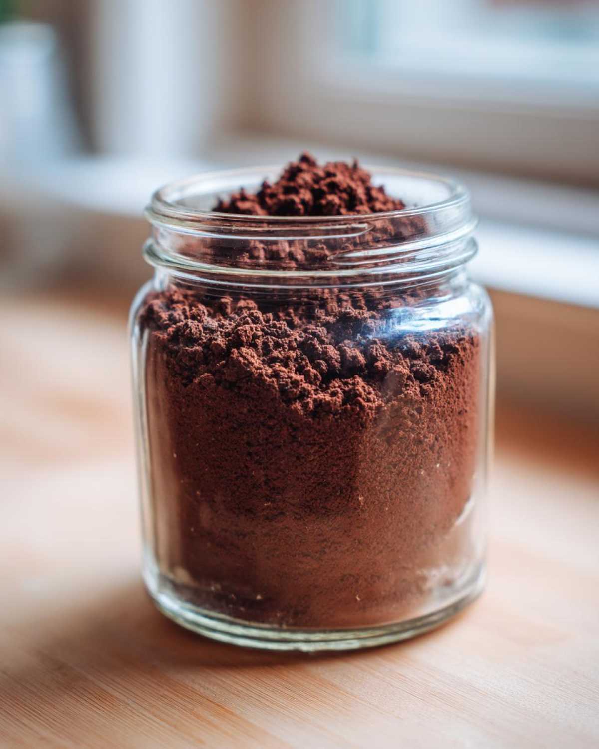 Close-up of rich, dark brown homemade hot cocoa mix powder stored in a clear glass jar.