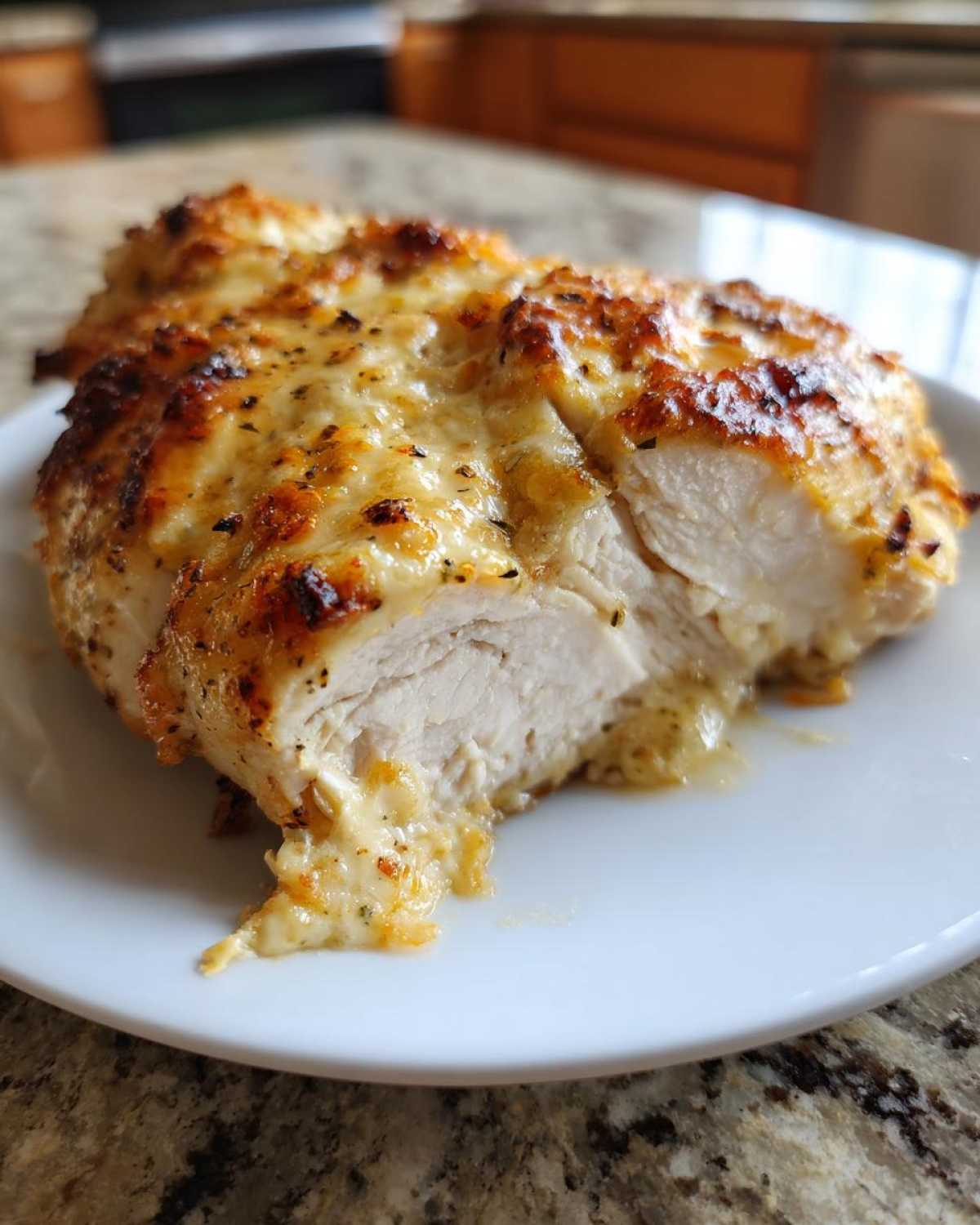 Close-up of a juicy caesar chicken breast, cut open to show white meat and a melted, cheesy topping.