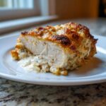 Cross-section of juicy caesar chicken breast covered in creamy, browned cheese sauce.