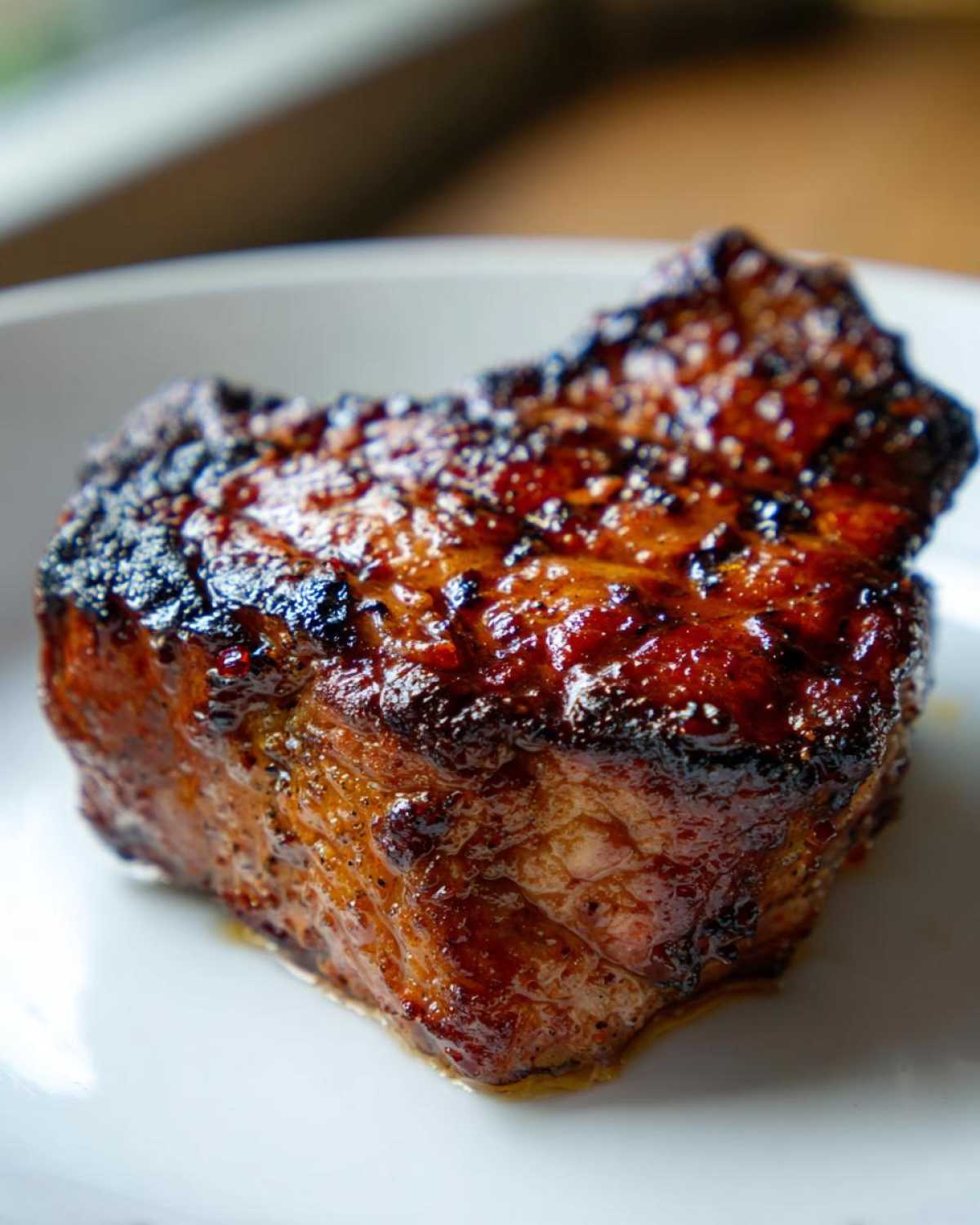 Close-up of a thick, perfectly seared and glazed pork steak recipe resting on a white plate.