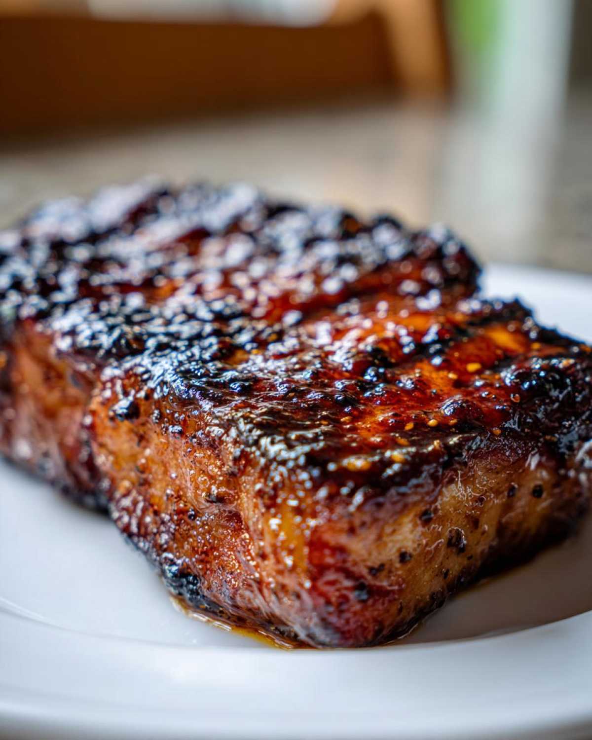Close-up of a thick, perfectly seared and glazed pork steak recipe cut, resting on a white plate.